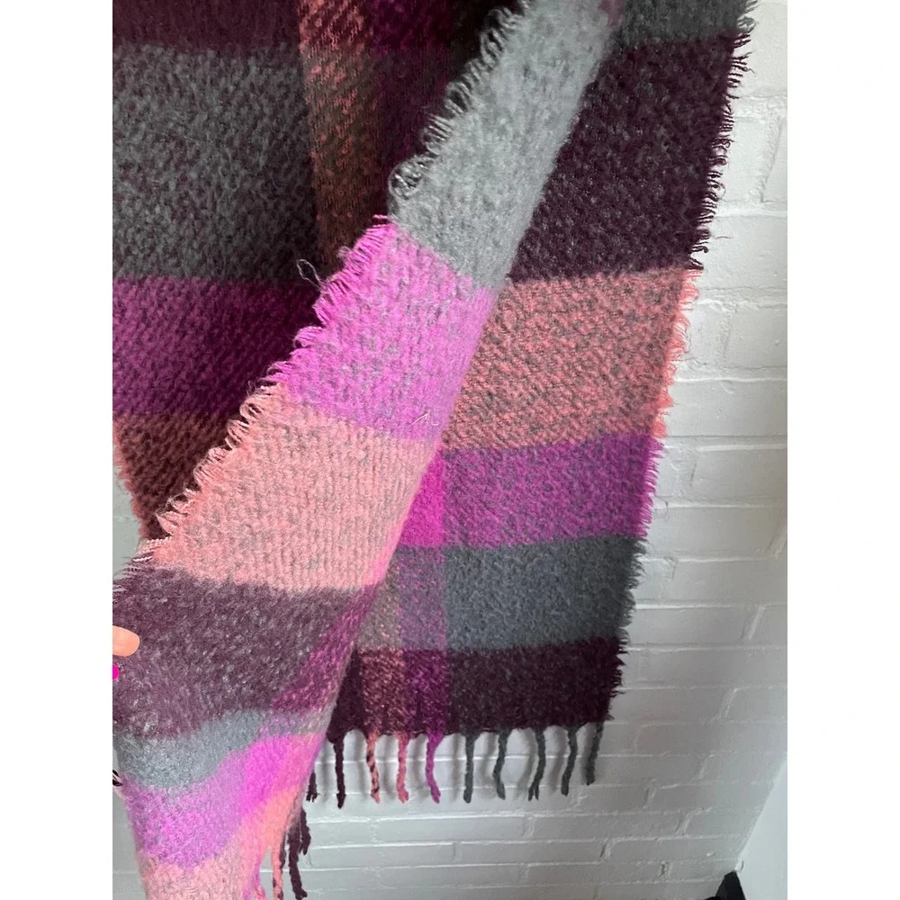 Juicy Couture Plaid Fringe Blanket Scarf Cozy‎ Soft Purple Pink Gray One Size